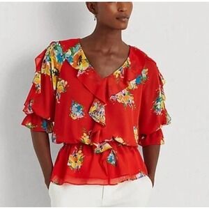 LAUREN RALPH LAUREN Black Label Red Floral Ruffle Puff Sleeve Peplum‎ Top Medium